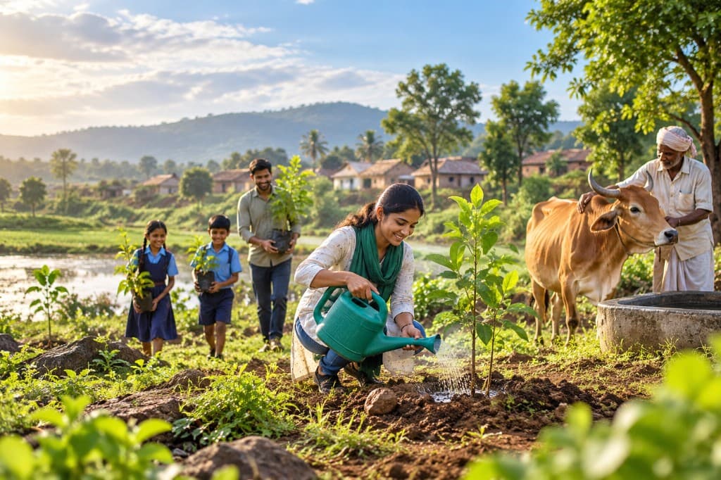 A woman waters a young tree while children and a man bring saplings, and a keeper stands with cattle in the countryside.